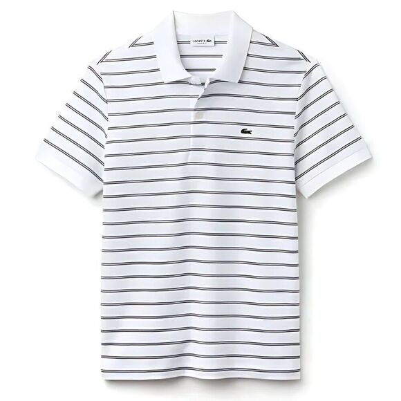 NWOT Lacoste Regular Fit Black Striped Summer Short Sleeve White Polo Shirt - Picture 1 of 2